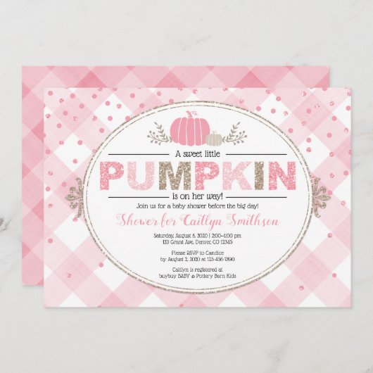 秋赤ちゃんシャワーピンク金ゴールドカボチャ女の子シャワー 招待状 (正面/裏面)