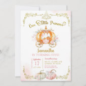 秋金ゴールドピンクプリンセスパンプキンキャリッジ誕生日 招待状 (正面)