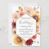 秋金ゴールドワイルドフラワーズブルガンカラフルディ結婚ズ 招待状 (正面)