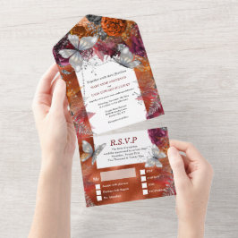 秋銀蝶きらめくマルーン秋バラ オールインワン招待状