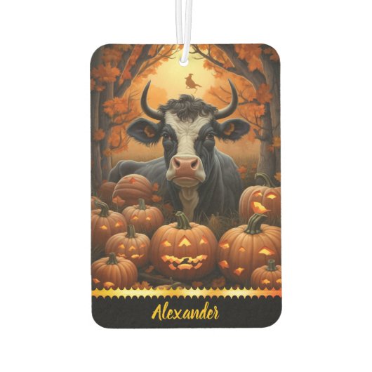 秋魅力的の光白熱［赤熱］光を放つでカボチャの間の牛 カーエアーフレッシュナー (裏面)