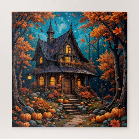 秋魅力的の森でカボチャとコテージ ジグソーパズル (縦)