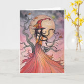 秋魔法魔女と猫ハロウィーンアート カード (黄色い花)