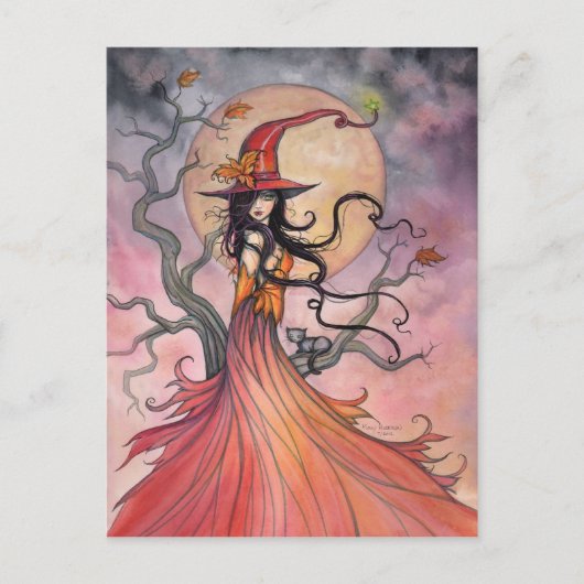 秋魔法魔女と猫ファンタジーハロウィンアート シーズンポストカード (正面)