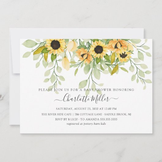 秋黄色ひまわりフローラ赤ちゃんシャワー 招待状 (正面)