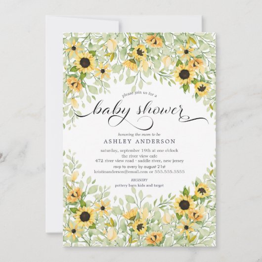 秋黄色ひまわりフローラ赤ちゃんシャワー 招待状 (正面)