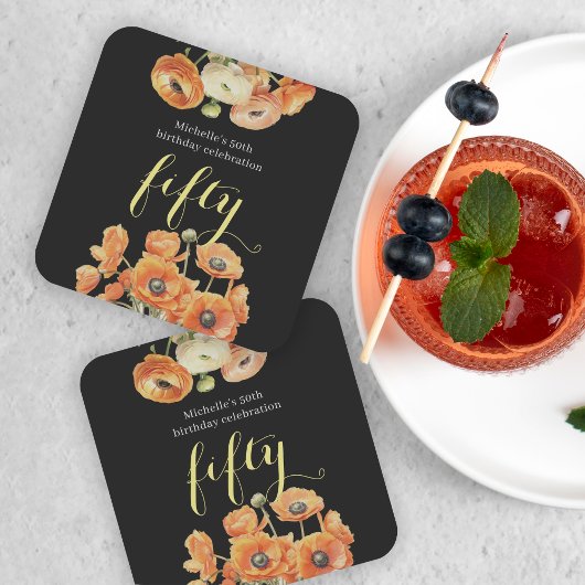 秋50日バースデーパーティーオレンジフローラ スクエアペーパーコースター