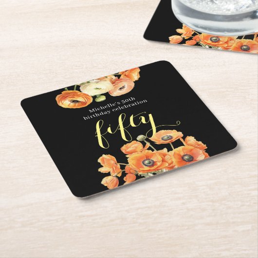 秋50日バースデーパーティーオレンジフローラ スクエアペーパーコースター (アングル)