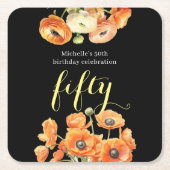 秋50日バースデーパーティーオレンジフローラ スクエアペーパーコースター (正面)