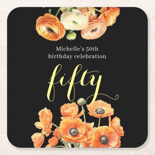 秋50日バースデーパーティーオレンジフローラ スクエアペーパーコースター (正面)
