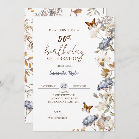秋50誕生日、フローラ誕生日 招待状 (正面/裏面)