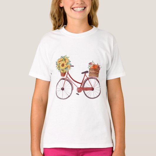 秋。ひまわり素朴付き自転車 Tシャツ (正面)