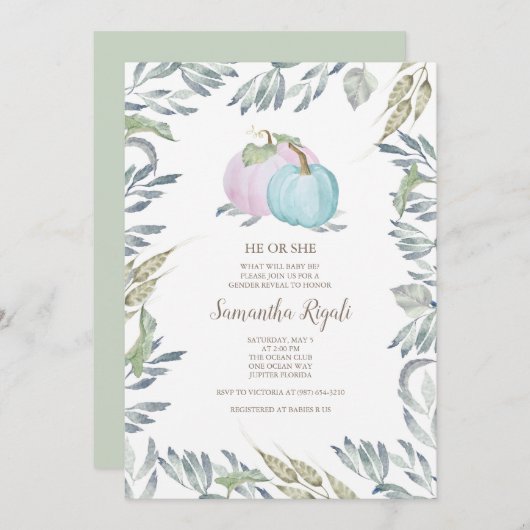 秋・ベビー・シャワー・ジェンダー・リビール・カボチャ 招待状 (正面/裏面)