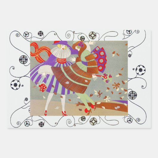 秋、冬の春アールデコ女性美しいファッション ラッピングペーパーシート (正面)