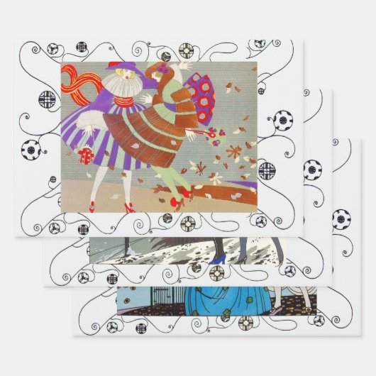 秋、冬の春アールデコ女性美しいファッション ラッピングペーパーシート (セット)