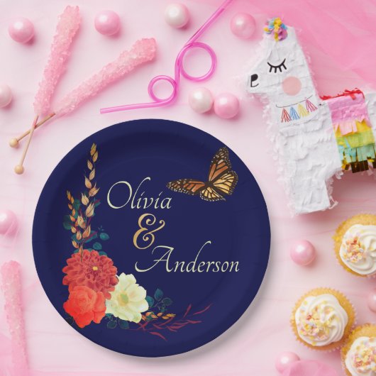 秋(昆虫)オオカバマダラ、モナークバタフライフローラネイビーブルー結婚ズ ペーパープレート (パーティー)