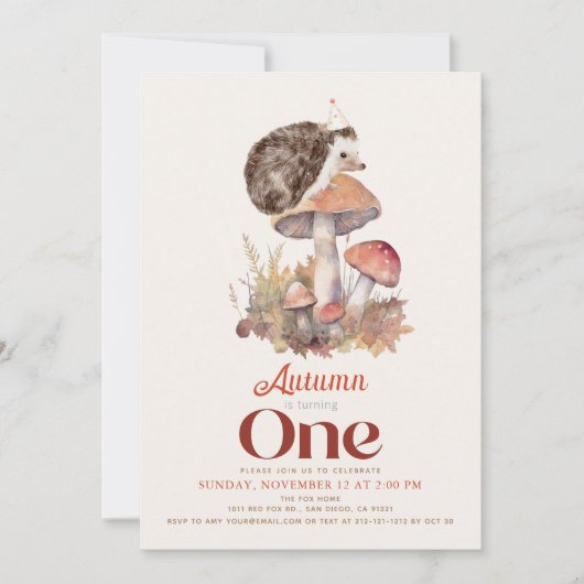秋/秋のキノコのハリネズミの最初の誕生日 招待状 (正面)