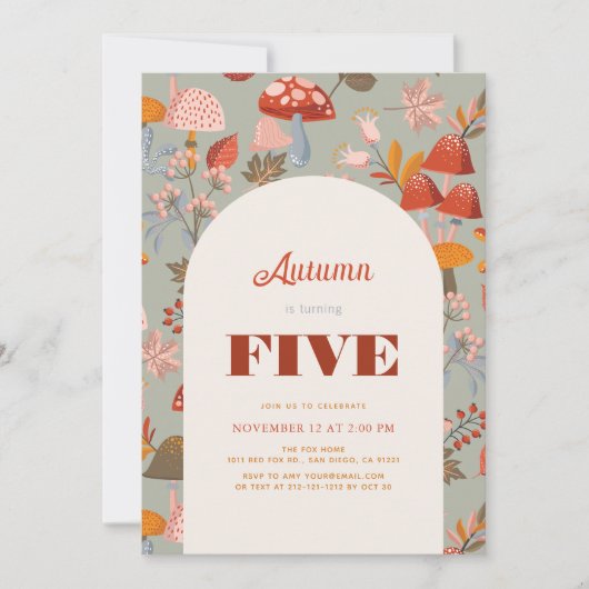秋/秋のキノコ&ワイルドフラワーセージ誕生日 招待状 (正面)