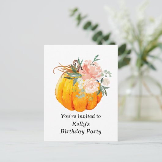 秋, 花, かぼちゃの誕生日招待状ポストカード インビテーションポストカード (スタンド正面)