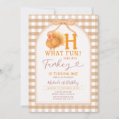 秋Bowああ何おもしろい!トルコ1th誕生日ギンガム 招待状 (正面)