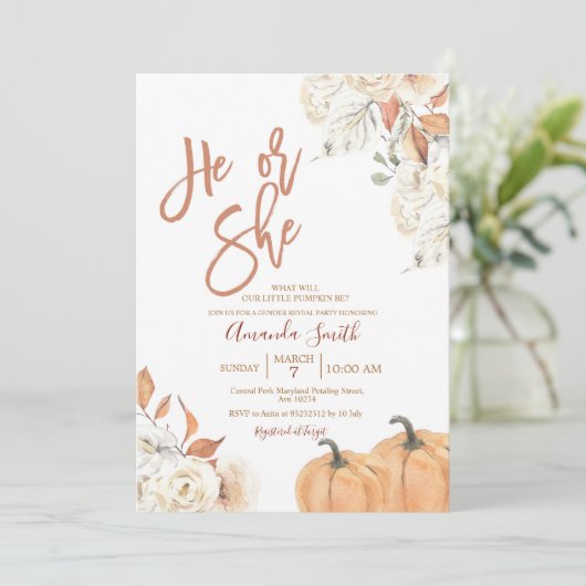 秋He or She Boho Pumpkin Gender Reveal 招待状 (スタンド正面)