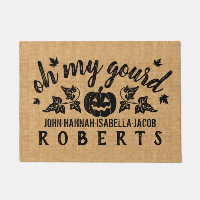 秋Oh私のひょうたんのカスタムで素朴なバーラップの秋 ドアマット (正面)