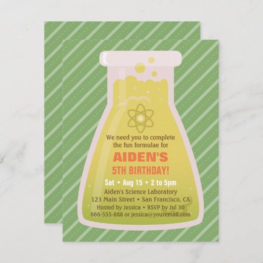 科学のフラスコの子供の誕生日のパーティの招待状 招待状 (正面/裏面)