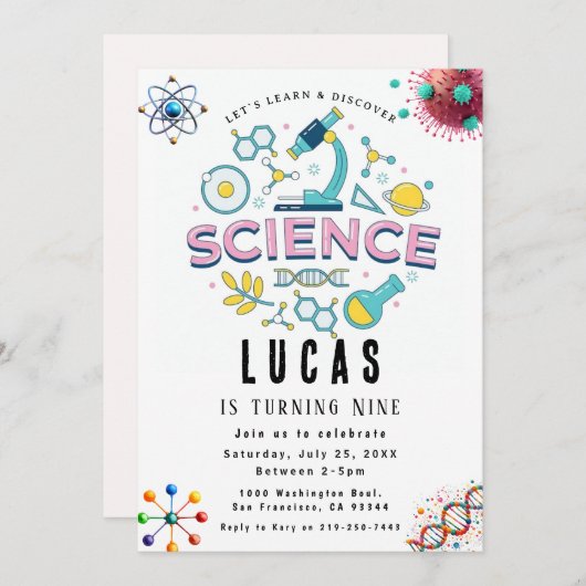 科学パーティー誕生日招待状 招待状 (正面/裏面)
