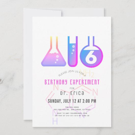 科学実験ネオンピンクアデニンガール誕生日 招待状 (正面)