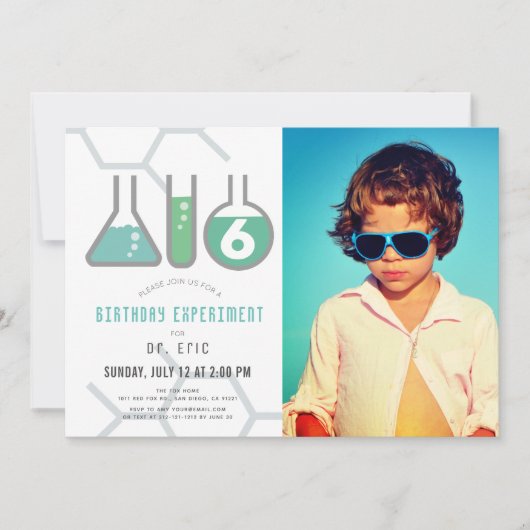 科学実験ホワイトグリーンボーイ写真誕生日 招待状 (正面)