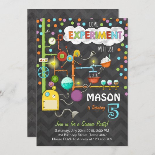 科学実験誕生日パーティーへの招待 招待状 (正面/裏面)