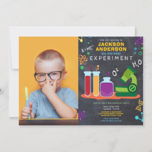 科学誕生日パーティーの写真 招待状 (正面)