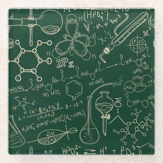 科学、化学、ヴィンテージ実験室のパターン ガラスコースター (正面)