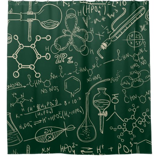 科学、化学、ヴィンテージ実験室のパターン シャワーカーテン (正面)