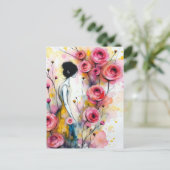 秘境の庭の女性 ピンクの花 ポストカード (スタンド正面)