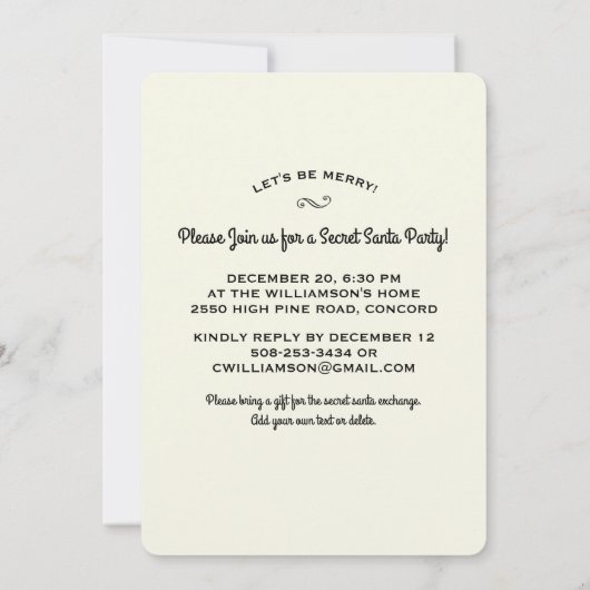 秘密のおもしろいサンタクリスマスギフト交換パーティー 招待状 (裏面)