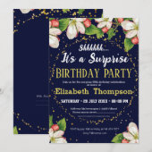 秘密のサプライズ モダン フラワー グリッター 60歳 招待状 (正面/裏面)