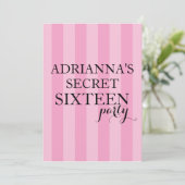秘密のサプライズSweet sixteenパーティーピンクストライプ色 招待状 (スタンド正面)
