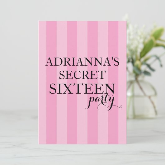 秘密のサプライズSweet sixteenパーティーピンクストライプ色 招待状 (スタンド正面)