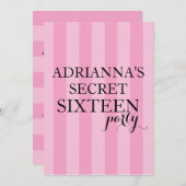 秘密のサプライズSweet sixteenパーティーピンクストライプ色 招待状 (正面/裏面)
