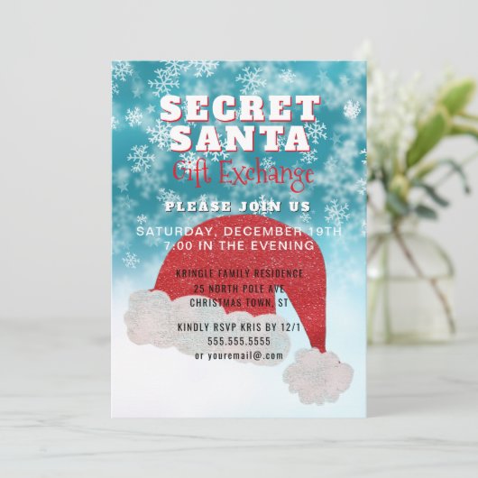 秘密のサンタのギフト交換パーティーの青の招待状 招待状 (スタンド正面)