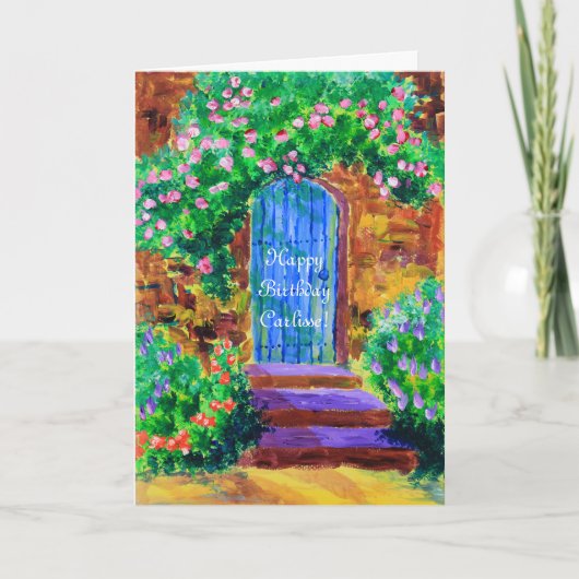 秘密のバラ園への美しく青い木のドア カード (正面)