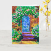 秘密のバラ園への美しく青い木のドア カード (黄色い花)