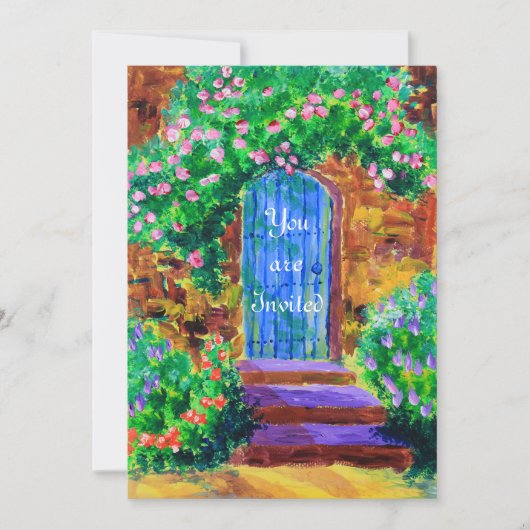 秘密のバラ園への美しく青い木のドア 招待状 (正面)