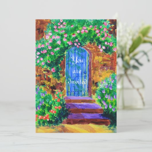 秘密のバラ園への美しく青い木のドア 招待状 (スタンド正面)