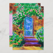 秘密のバラ園への美しく青い木のドア 招待状 (正面/裏面)
