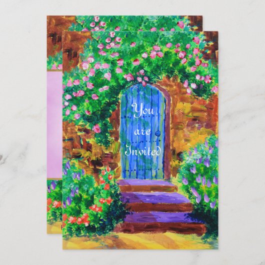 秘密のバラ園への美しく青い木のドア 招待状 (正面/裏面)
