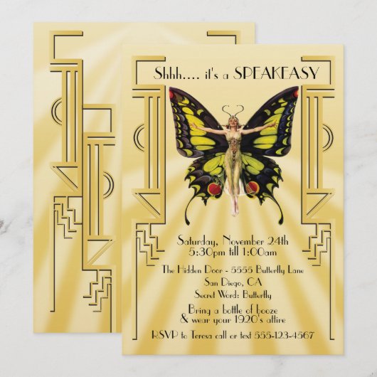 秘密のバー蝶々フラッパー・グレート・ギャツビー・パーティ 招待状 (正面/裏面)