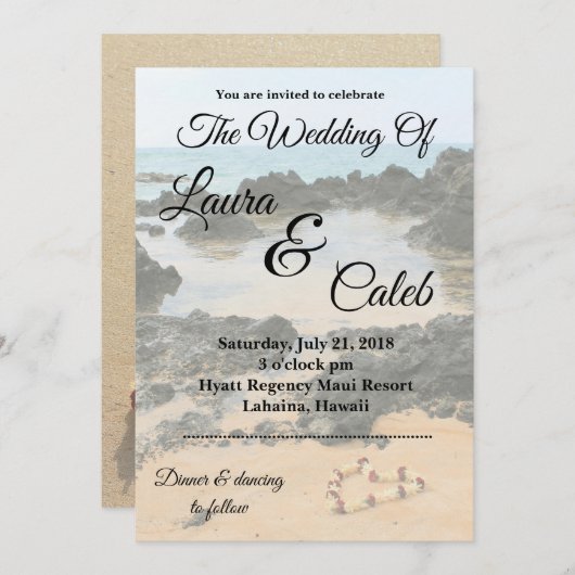秘密のビーチ結婚式の招待状のマウイのレイ 招待状 (正面/裏面)