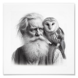 秘密の守り人: フクロウと老人の壁画 フォトプリント           